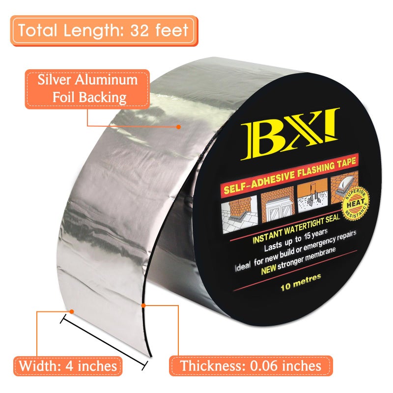 BXI Flashing Roll Tape Membrane, 4 inches X 32 Feet Thick Waterproof Patch Seal Tape, Self-Adhesive SBS Modified Rubberized Asphalt, Deck Seam Joist Leak Sealant for Roof Window Gutter Repair Outdoor - Image 2
